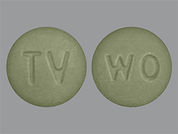 Perampanel: Esto es un Tableta verde redondo imprimido con TV en la parte delantera, W0 en la parte posterior, y es fabricado por TEVA PHARM.