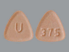 This is a orange triangular Tablet imprinted with U on the front, 375 on the back, and is manufactured by UNICHEM PHARMAC.
