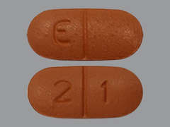 Esto es un Tableta color café oblongo imprimido con E en la parte delantera, 2 1 en la parte posterior, y es fabricado por ANI PHARMACEUTI.