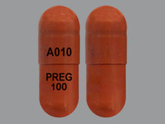 This is a Capsule imprinted with A010 on the front, PREG  100 on the back.