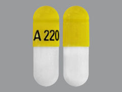 This is a yellow oblong Capsule imprinted with A220 on the front, nothing on the back, and is manufactured by ALEMBIC PHARMAC.