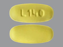 This is a yellow oval Tablet imprinted with L140 on the front, nothing on the back, and is manufactured by ALEMBIC PHARMAC.