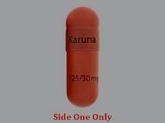 This is a swedish orange oblong Capsule imprinted with Karuna on the front, 125/30 mg on the back, and is manufactured by BMS PRIMARYCARE.