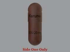 This is a brown oblong Capsule imprinted with Karuna on the front, 100/20 mg on the back, and is manufactured by BMS PRIMARYCARE.