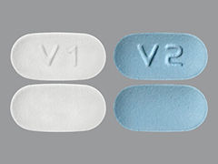 This is a multi-color (2) oblong Tablet Dose Pack imprinted with V1 or V2 on the front, nothing on the back, and is manufactured by AJANTA PHARMA L.