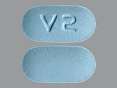 This is a blue oblong Tablet imprinted with V2 on the front, nothing on the back, and is manufactured by AJANTA PHARMA L.