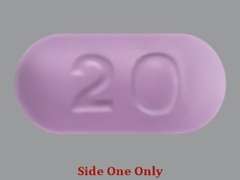 This is a purple oblong Tablet Dr imprinted with 20 on the front, nothing on the back, and is manufactured by AMERISOURCE-GNP.