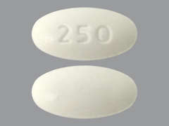 Esto es un Tableta blanco elíptico imprimido con 250 en la parte delantera, nada en la parte posterior, y es fabricado por STRIDES PHARMA.