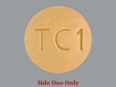 This is a yellow round Tablet imprinted with M on the front, TC1 on the back, and is manufactured by MYLAN.