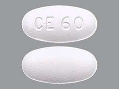 Esto es un Tableta blanco oval imprimido con CE 60 en la parte delantera, nada en la parte posterior, y es fabricado por CHARTWELL RX LL.