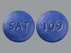 This is a blue round Tablet imprinted with SAT on the front, 109 on the back, and is manufactured by MISSION PHARM..