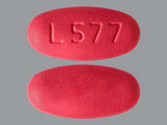 This is a pink oval Tablet imprinted with L577 on the front, nothing on the back, and is manufactured by ALEMBIC PHARMAC.