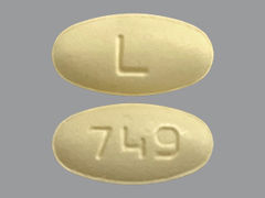 This is a yellow oval Tablet imprinted with L on the front, 749 on the back, and is manufactured by ALEMBIC PHARMAC.