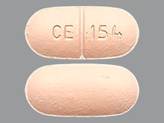 This is a peach oblong Tablet imprinted with CE 154 on the front, nothing on the back, and is manufactured by CHARTWELL RX LL.