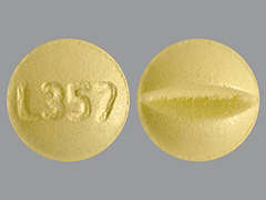 Esto es un Tableta amarillo redondo imprimido con L357 en la parte delantera, nada en la parte posterior, y es fabricado por RISING PHARM.