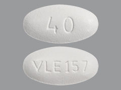 This is a white elliptical Tablet imprinted with 40 on the front, VLE 157 on the back, and is manufactured by VIATRIS SPECIAL.