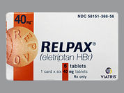 Relpax: Esto es un Tableta naranja redondo imprimido con REP 40 en la parte delantera, VLE en la parte posterior, y es fabricado por VIATRIS SPECIAL.