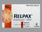 Relpax: This is a orange round Tablet imprinted with REP 40 on the front, VLE on the back, and is manufactured by VIATRIS SPECIAL.