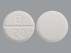 This is a white round Tablet imprinted with B  20 on the front, nothing on the back, and is manufactured by AUROBINDO PHARM.