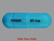 Lisdexamfetamine Dimesylate: This is a aqua blue oblong Capsule imprinted with E0555 on the front, 60 mg on the back, and is manufactured by ELITE LABORATOR.