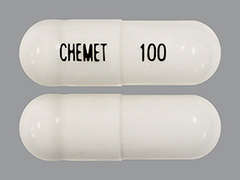 This is a white oblong Capsule imprinted with CHEMET on the front, 100 on the back, and is manufactured by RECORDATI RARE.