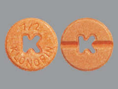 Esto es un Tableta naranja redondo imprimido con 1/2  KLONOPIN en la parte delantera, nada en la parte posterior, y es fabricado por H2 PHARMA LLC.