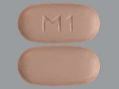 Esto es un Tableta morado oblongo imprimido con M1 en la parte delantera, nada en la parte posterior, y es fabricado por AUROBINDO PHARM.