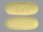 Sacubitril-Valsartan: Esto es un Tableta maraillo pálido oval imprimido con SV1 en la parte delantera, nada en la parte posterior, y es fabricado por ASCEND LABORATO.