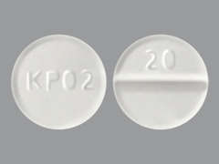 This is a off-white round Tablet imprinted with KP02 on the front, 20 on the back, and is manufactured by RISING PHARM.