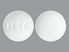 This is a white round Tablet imprinted with H16 on the front, nothing on the back, and is manufactured by SUN PHARMACEUTI.