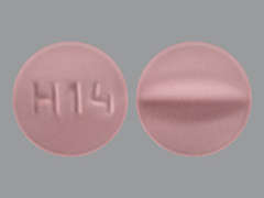 This is a pinkish-purple round Tablet imprinted with H14 on the front, nothing on the back, and is manufactured by SUN PHARMACEUTI.