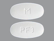 Pirfenidone: This is a white oval Tablet imprinted with M on the front, PF3 on the back, and is manufactured by NOVADOZ PHARMAC.