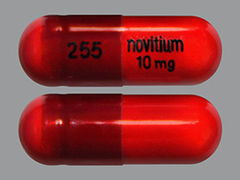 This is a red oblong Capsule imprinted with 255 on the front, novitium 10 mg on the back, and is manufactured by NOVITIUM/ANI PH.