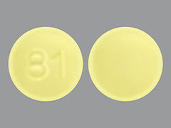 This is a yellow round Tablet Dr imprinted with 81 on the front, nothing on the back, and is manufactured by RISING PHARM.