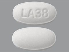This is a white oval Tablet imprinted with LA38 on the front, nothing on the back, and is manufactured by LAURUS LABS LIM.