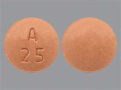 This is a orange round Tablet imprinted with A  25 on the front, nothing on the back, and is manufactured by AMNEAL PHARMACE.
