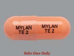 Esto es un Cápsula naranja oblongo imprimido con MYLAN  TE 2 en la parte delantera, MYLAN  TE 2 en la parte posterior, y es fabricado por MYLAN.