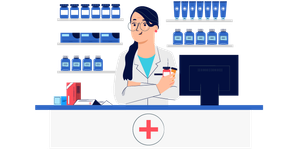 A pharmacist reviewing patients drugs.