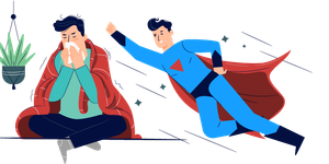 Man with cold symptoms and recovering superhero