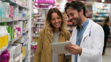 A pharmacist assisting a customer in a well-stocked pharmacy discussing products on a tablet