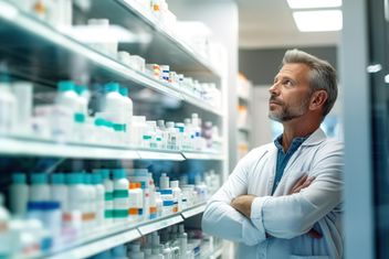 A pharmacist searching for a drug on the pharmacy shelves