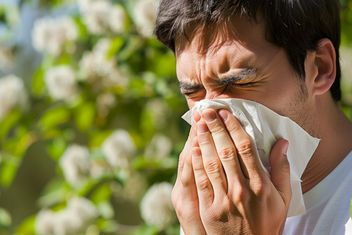 A man is blowing his nose with a tissue during spring allergy season