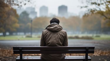 A person sitting on a bench in rainy weather against a city view