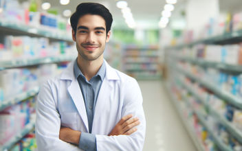 Pharmacist standing and smiling in the pharmacy aisle