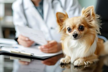 A small dog being examined by professional veterinarian