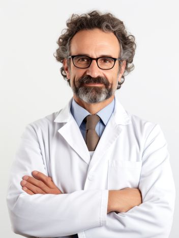 An older male physician standing in front of a white background