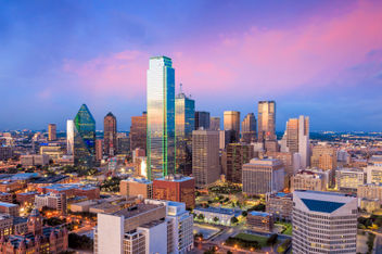 Dallas Texas skyline with blue sky at sunset 