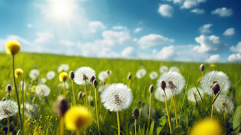 Beautiful bright natural image of fresh grass spring meadow with dandelions with blurred background and blue sky with clouds