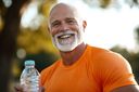 A fit senior man smiles while holding a water bottle in a bright outdoor setting