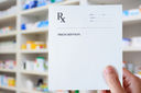 Prescription script with pharmacy in the background